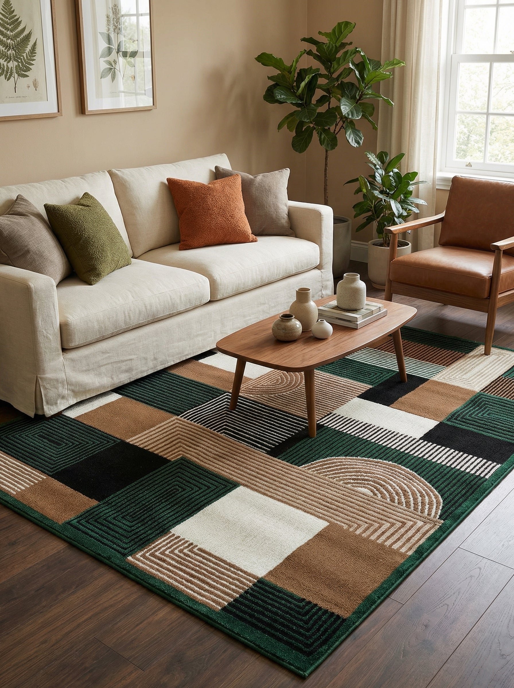 Tapis géométrique rectangulaire vert émeraude, marron, noir et crème, à blocs unis et lignes parallèles droites ou courbes, dans un salon