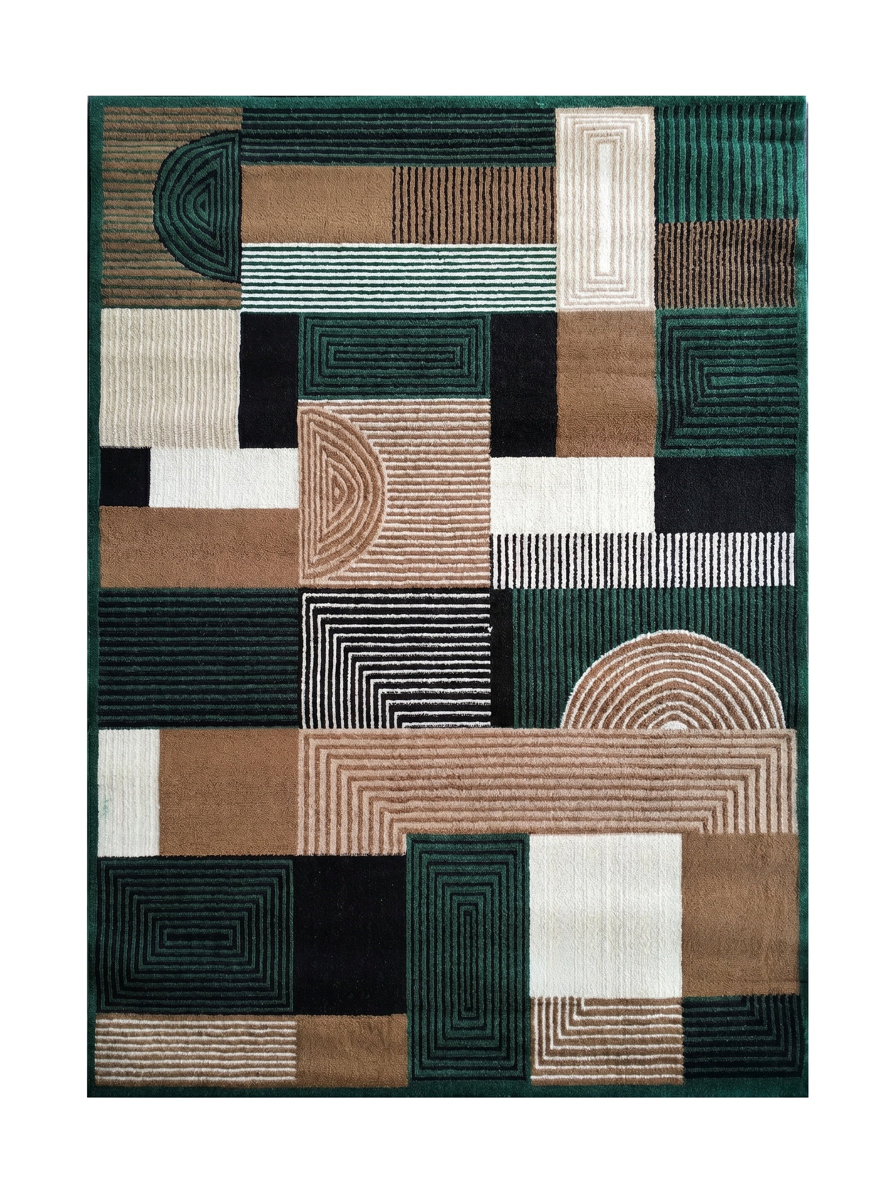 Tapis aux motifs géométriques en blocs de couleurs vert foncé, noir, blanc cassé et marron clair, avec des textures lignées et courbes