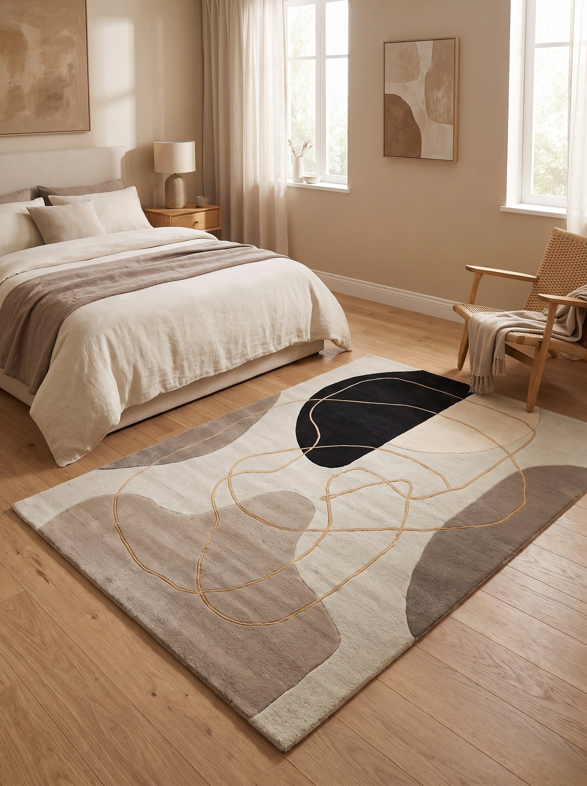 Un motif abstrait beige, taupe et noir et des lignes dorées en relief sur un tapis en laine sculptée dans une chambre