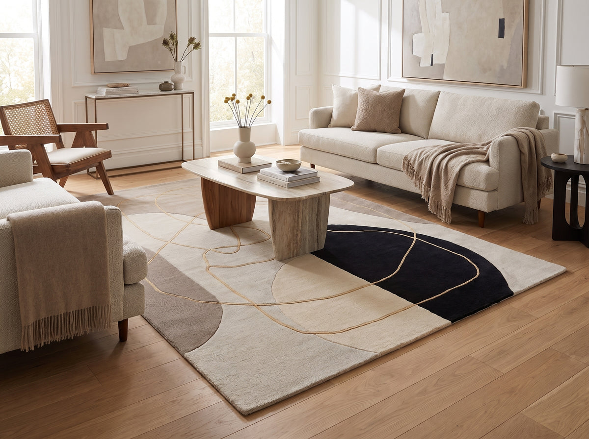 Un tapis en laine tuftée beige, taupe et noir présente des formes abstraites rehaussées de lignes dorées de viscose