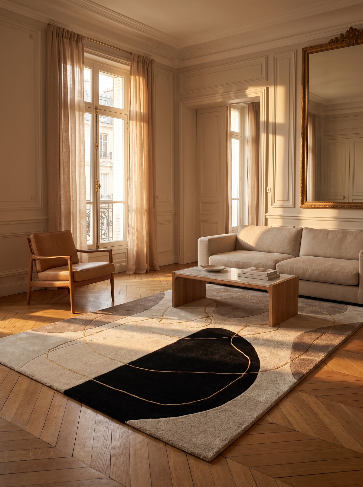 Laine tuftée et viscose beige, taupe et noir, aux formes abstraites sculptées avec des lignes dorées, dans un salon