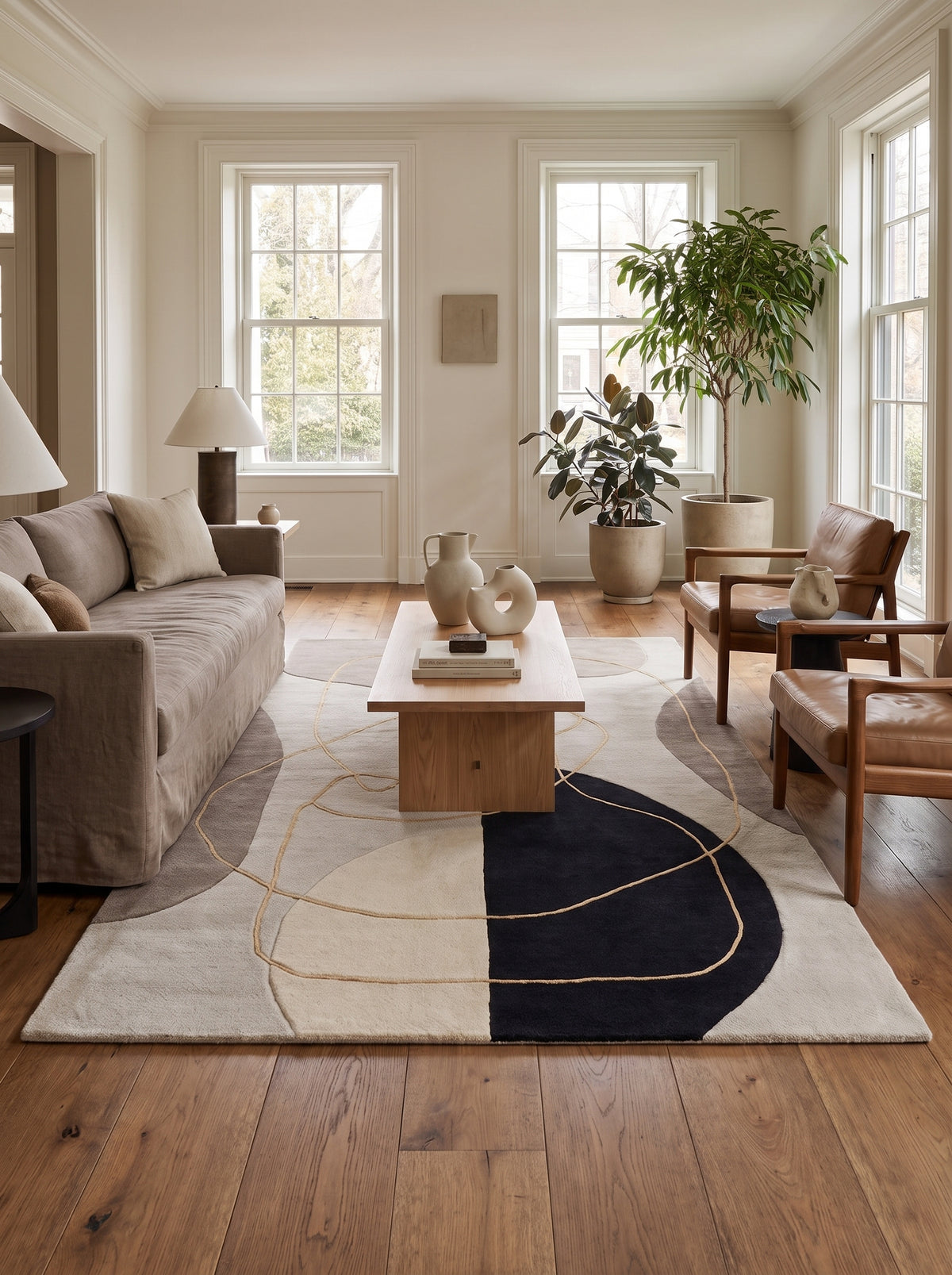 Laine sculptée beige et noire aux formes abstraites et lignes de viscose dorées en relief dans un salon lumineux
