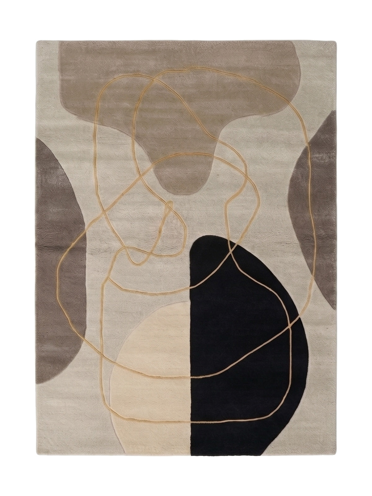 Composition abstraite en laine sculptée beige, taupe et noire, parcourue de lignes de viscose dorées en relief