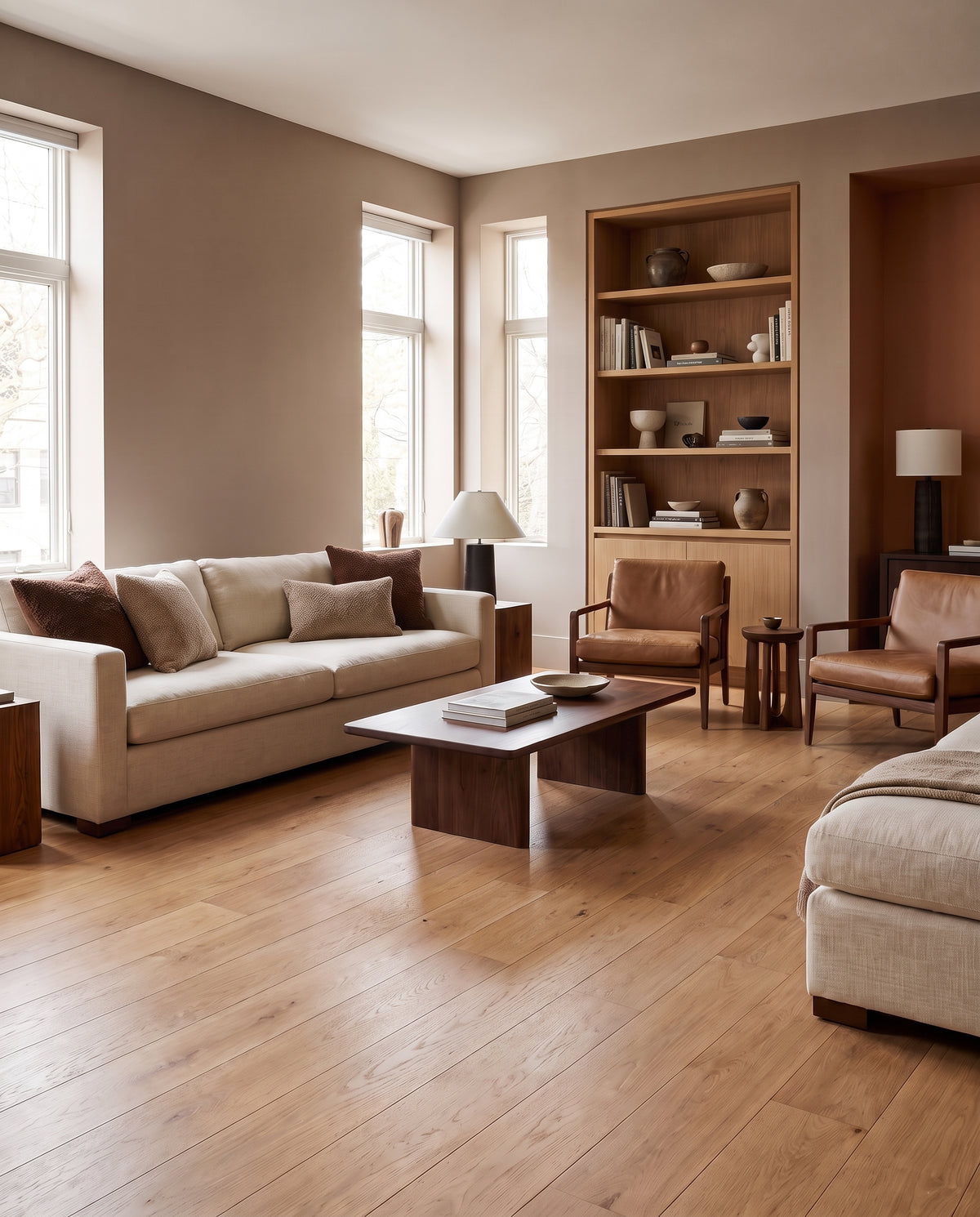 Un parquet clair à larges lattes structure ce salon moderne aux murs taupe et ocre, le sol nu