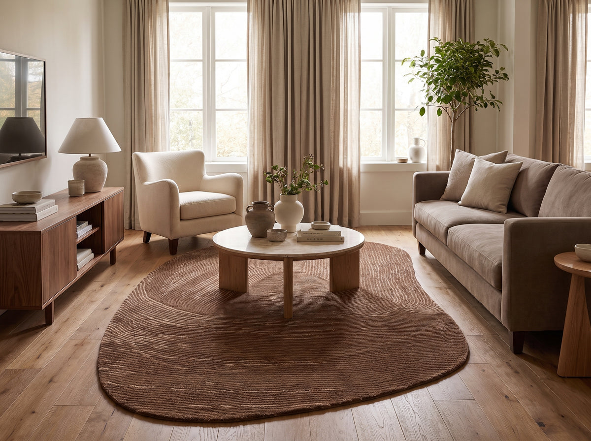 Des ondes graphiques brun chocolat et beige parcourent ce tapis ovale organique en laine et coton dans un salon lumineux