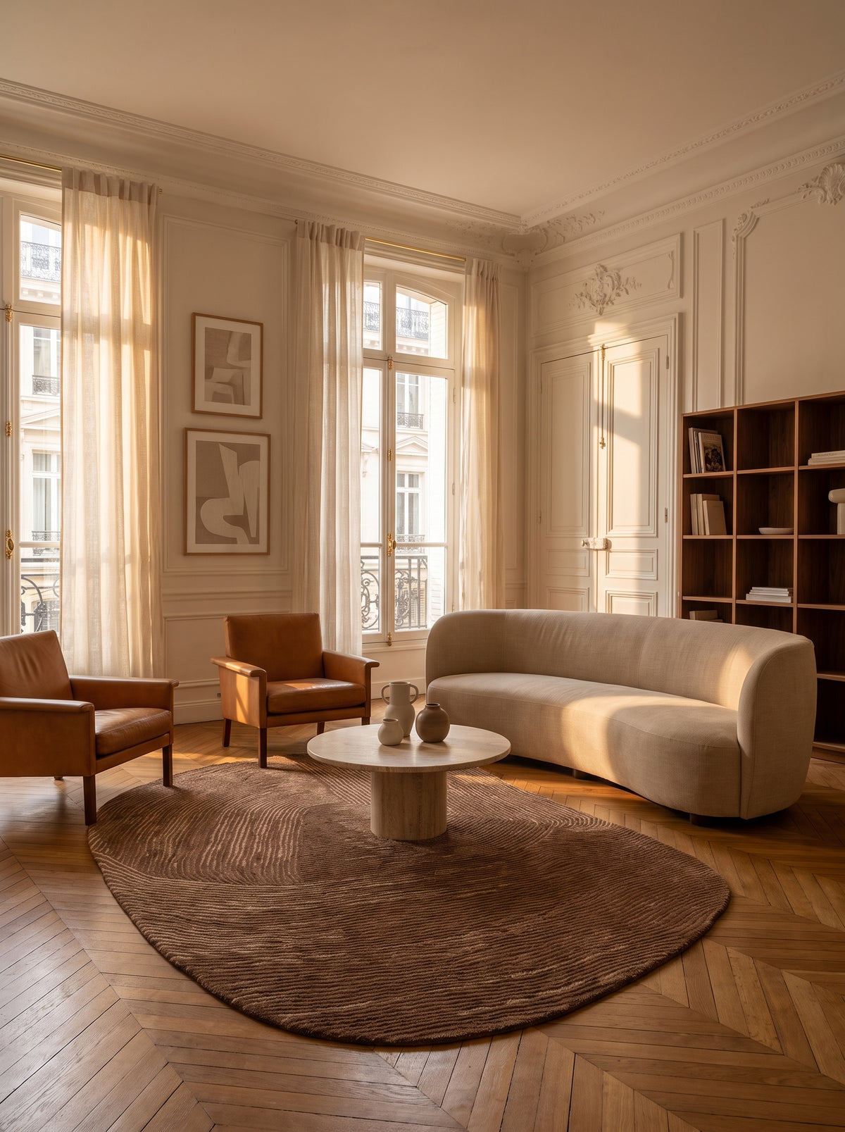 Tissé main en laine et coton, ce tapis ovale organique aux vagues brun chocolat et beige décore un salon parisien