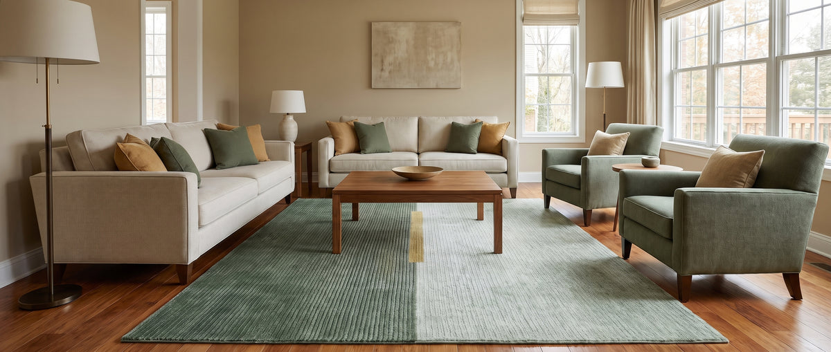 Laine bouclée et soie de bambou forment un tapis aux motifs vert foncé et clair avec une barre ocre, en salon