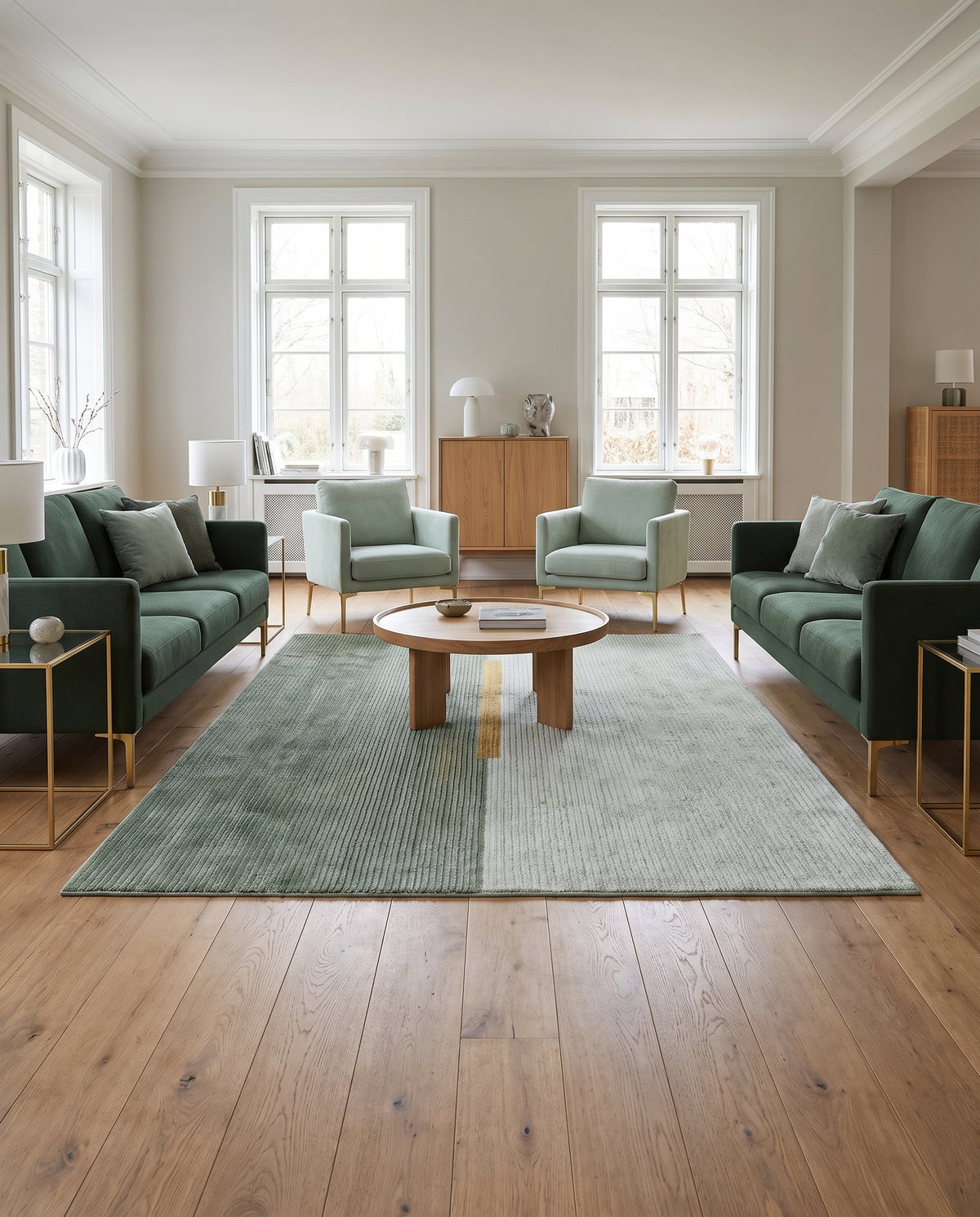 Bouclé et côtelé, ce tapis de laine et soie de bambou vert foncé et menthe pâle est traversé d'un accent ocre, en salon