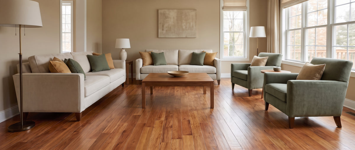 Salon chaleureux au parquet en bois nu, avec deux canapés clairs, des fauteuils vert sauge et un tableau abstrait
