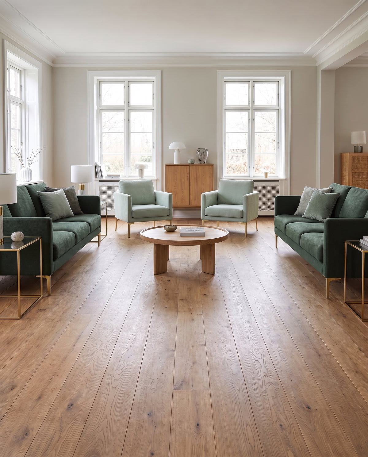 Pièce lumineuse au sol nu en parquet en bois clair, canapés vert foncé, fauteuils vert pâle et table basse ronde
