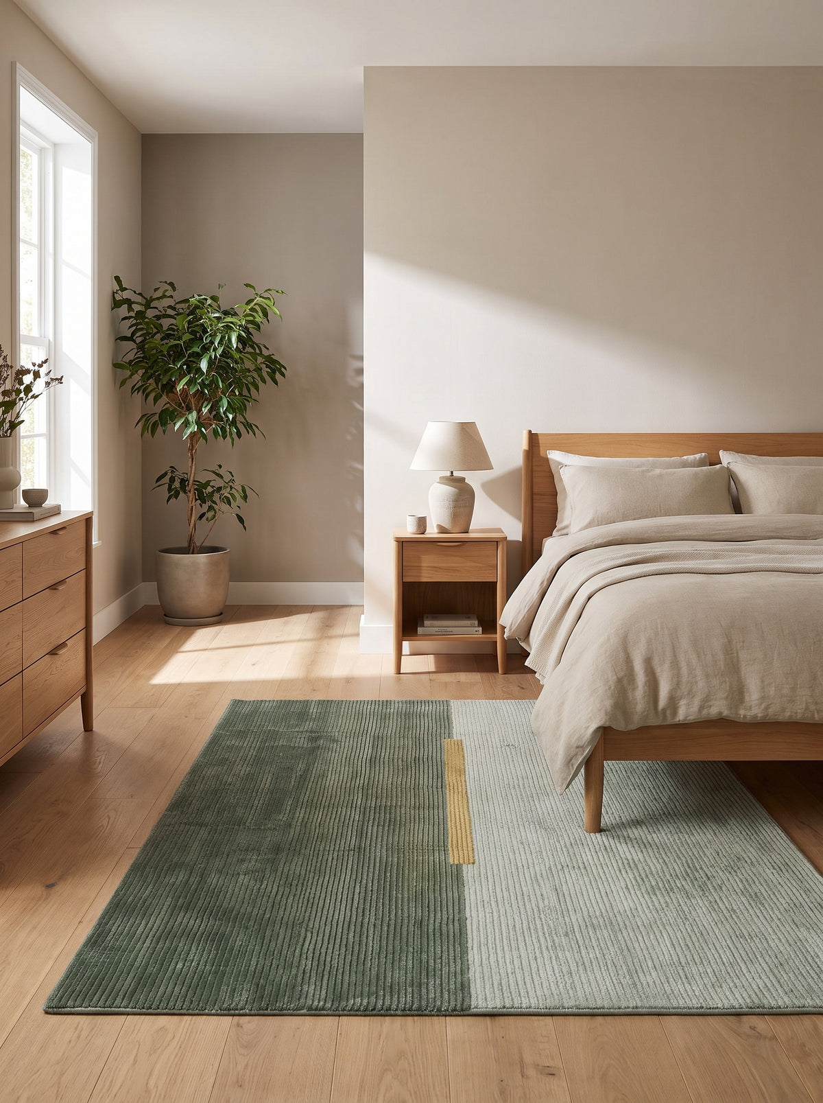 Motifs vert foncé et vert pâle divisés par une barre or sur ce tapis bouclé en laine et soie de bambou, dans une chambre