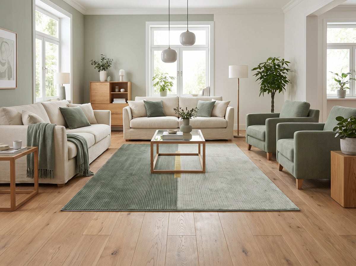 Vert forêt et menthe pâle, ce tapis de laine et soie de bambou présente une bande ocre diagonale et une texture côtelée
