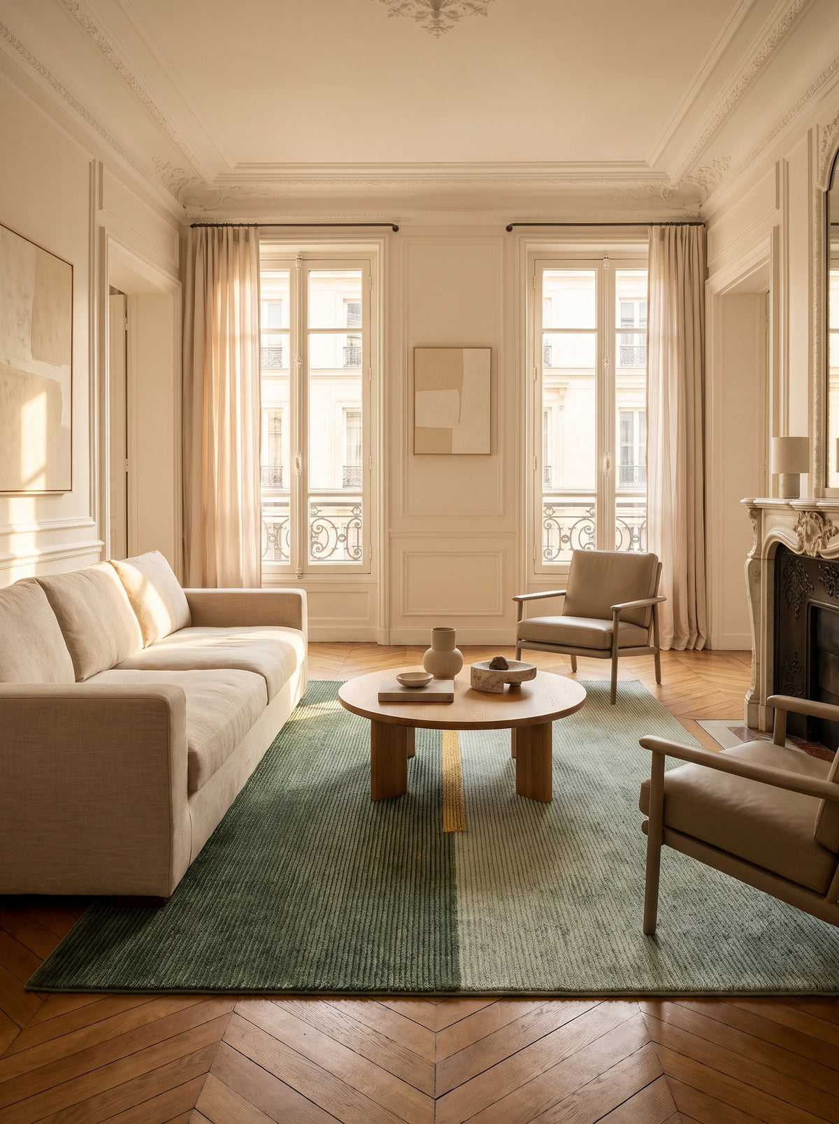 Tapis bouclé de laine et soie de bambou, vert foncé et menthe pâle avec accent ocre diagonal, en salon haussmannien