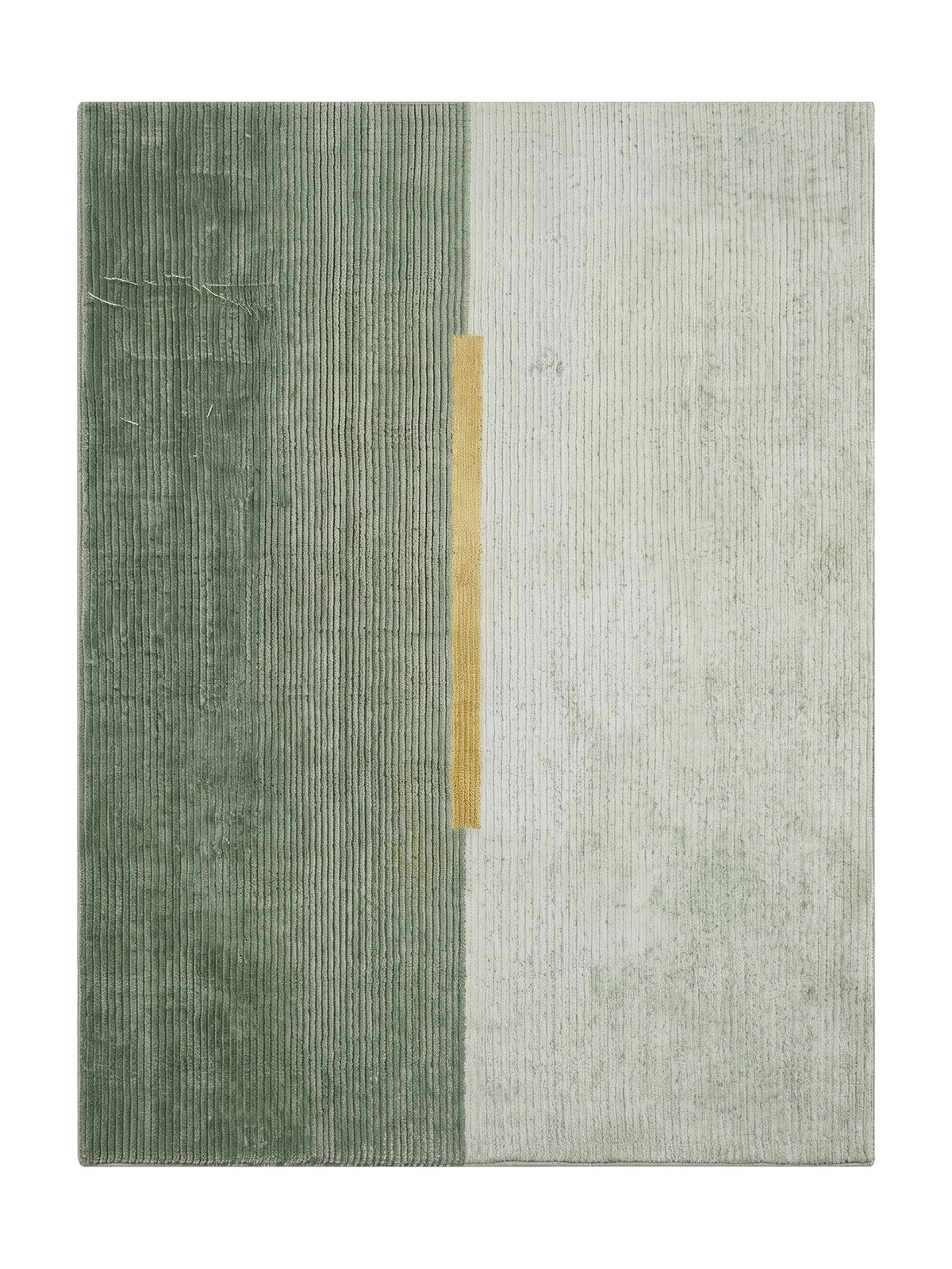 Un tapis de laine et soie de bambou côtelée, vert forêt et menthe pâle, avec un accent ocre vertical
