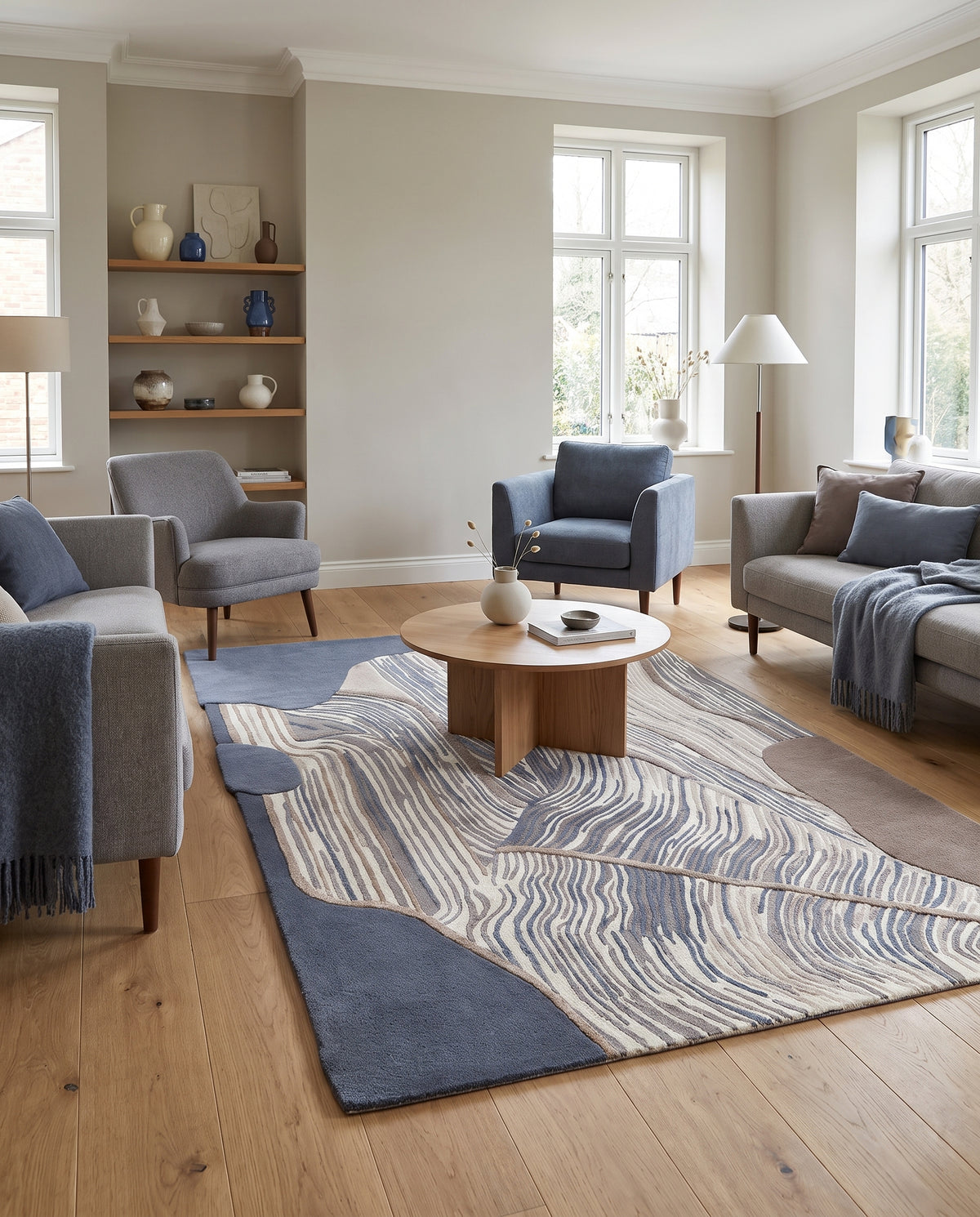 Motifs abstraits sculptés en laine et viscose bleu acier, crème et brun ornent ce tapis fait main dans un salon