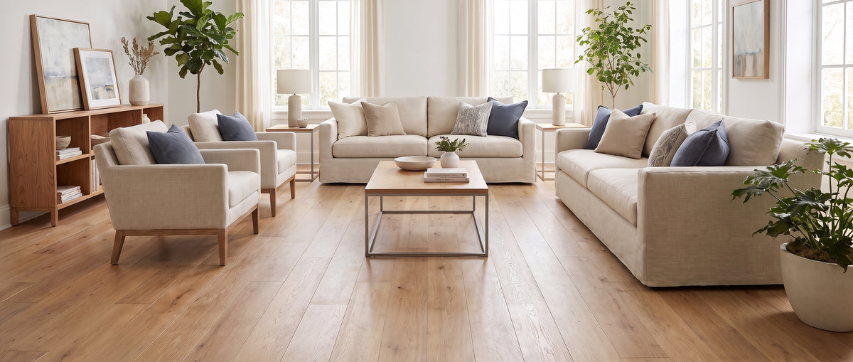 Un salon lumineux avec sol nu en parquet clair, des canapés et fauteuils beiges, la pièce est sans tapis