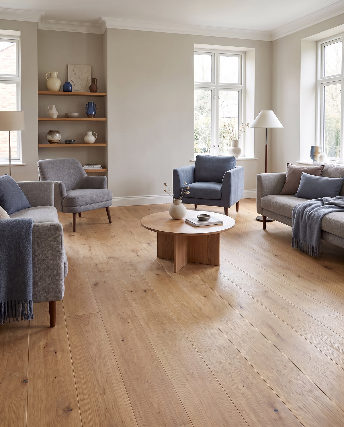 Dans ce salon lumineux, le sol nu en parquet clair souligne des canapés et fauteuils gris et bleus, sans tapis