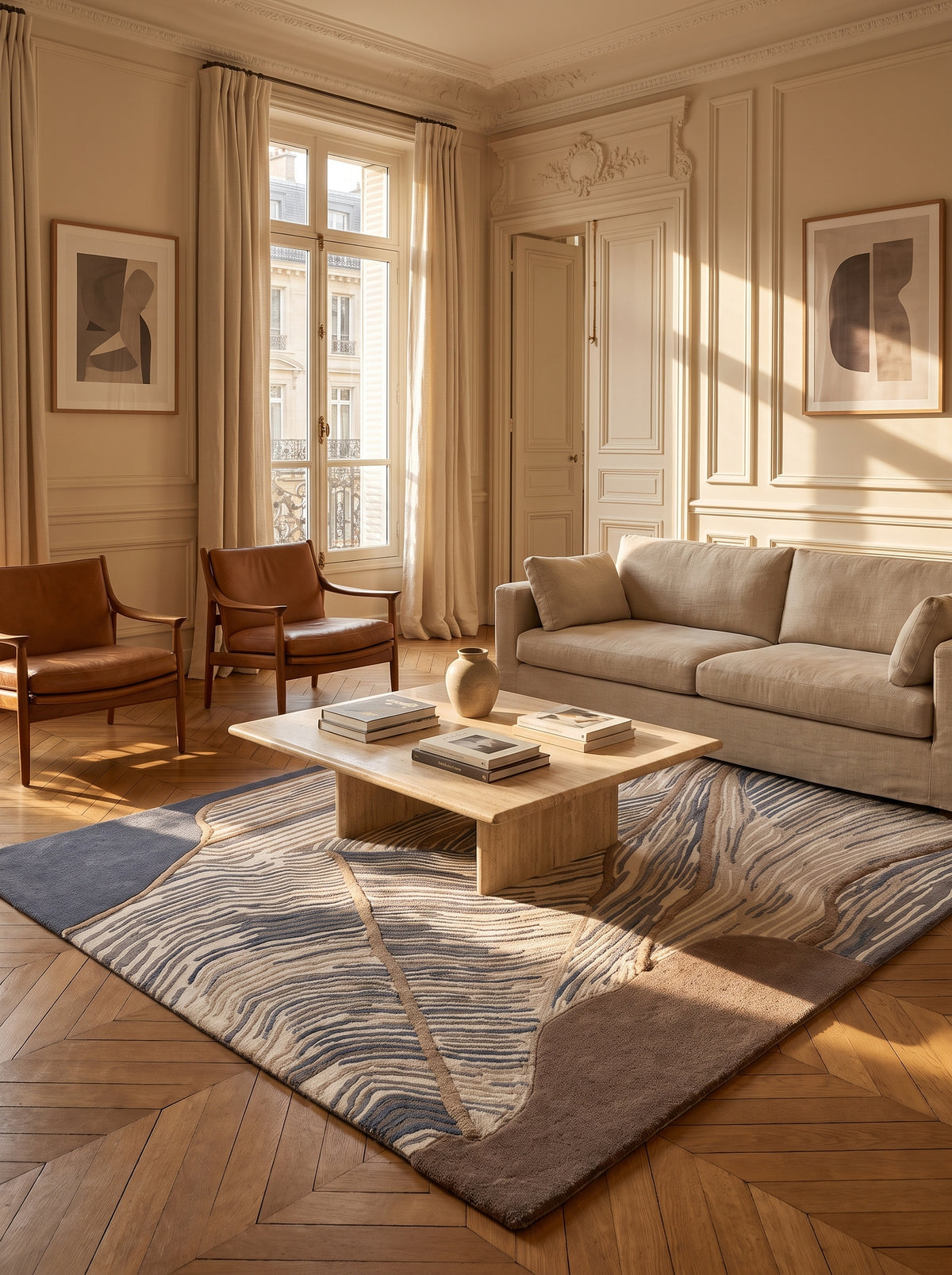 Ce tapis fait main en laine et viscose bleu acier, crème et brun avec ses motifs abstraits orne un salon élégant