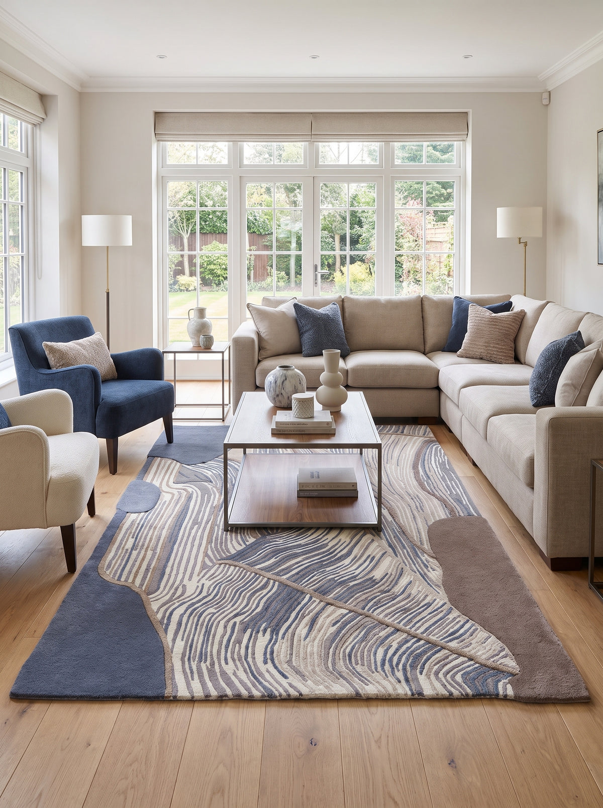 Fait main en laine et viscose, ce tapis rectangulaire dévoile des motifs abstraits bleu acier, crème et brun dans un salon