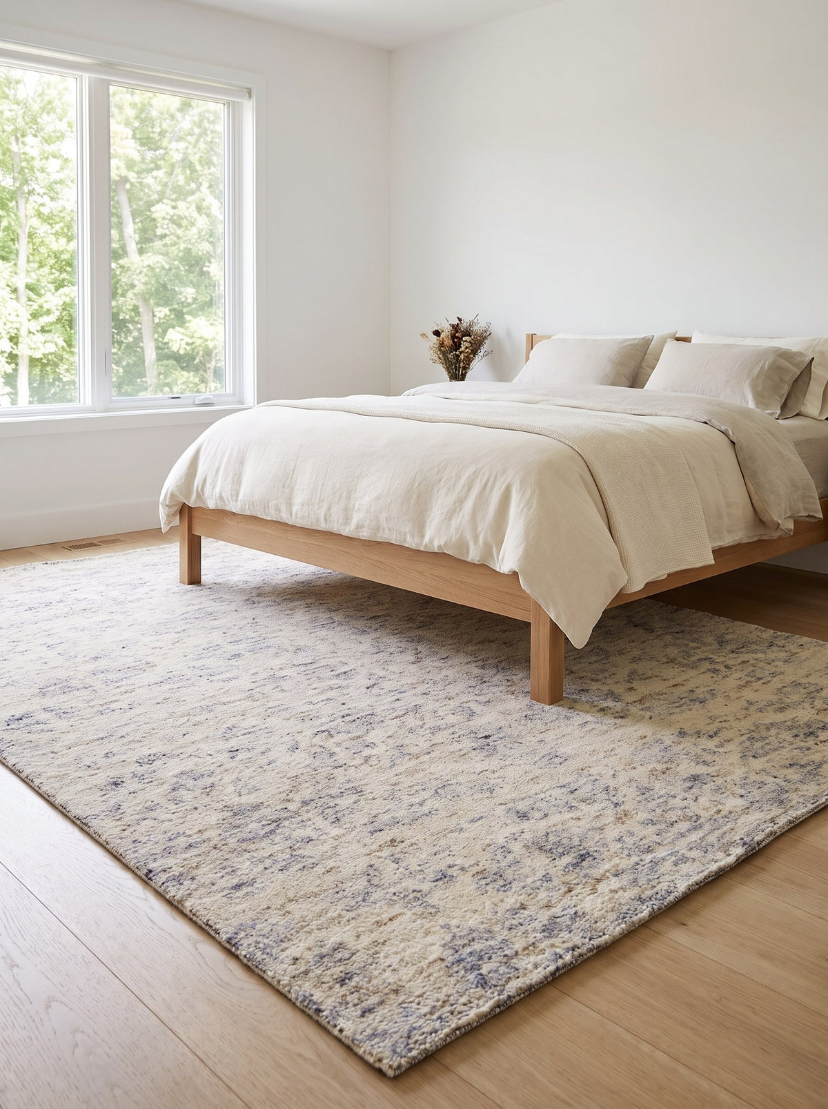 Woll-Viskose-Teppich Creme & Blaugrau - Ricordo unter dem Bett im Schlafzimmer eines Architektenhauses