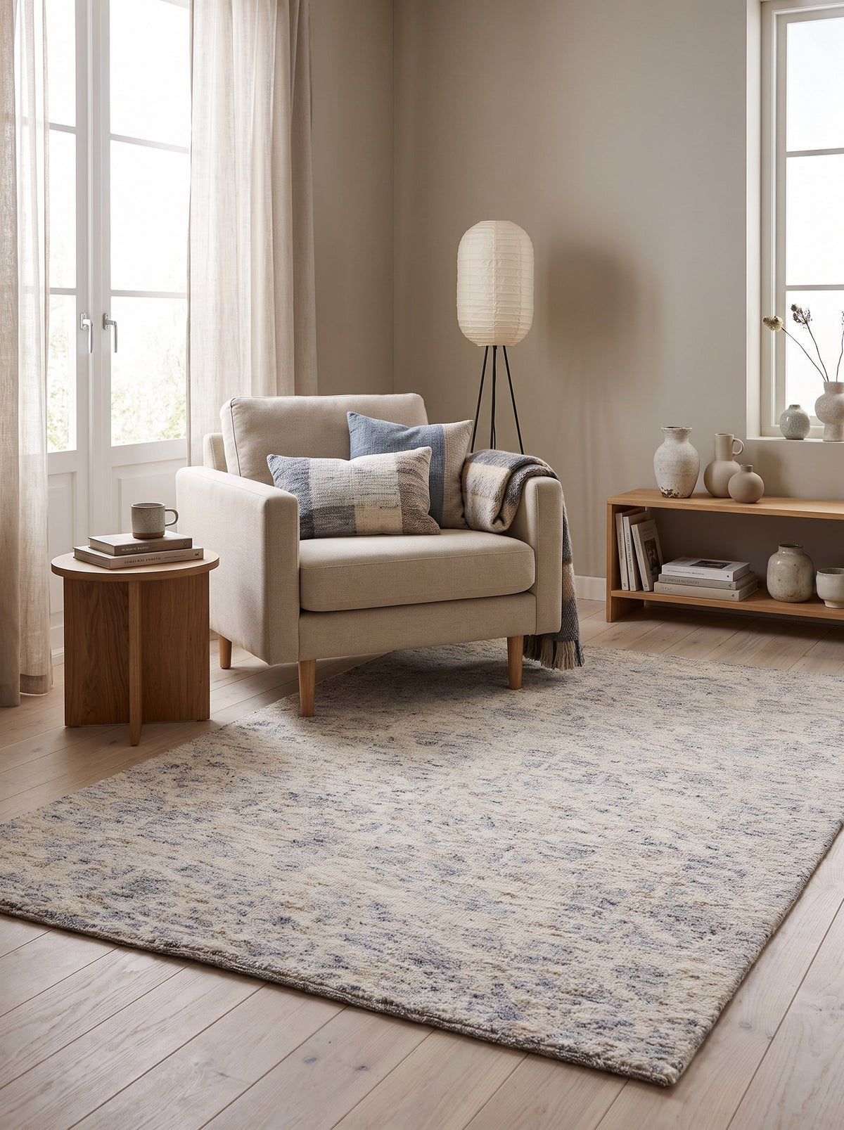 Woll-Viskose-Teppich Creme & Blaugrau - Ricordo in der Leseecke einer Wohnung im Japandi-Stil mit gekalkten Eichendielen