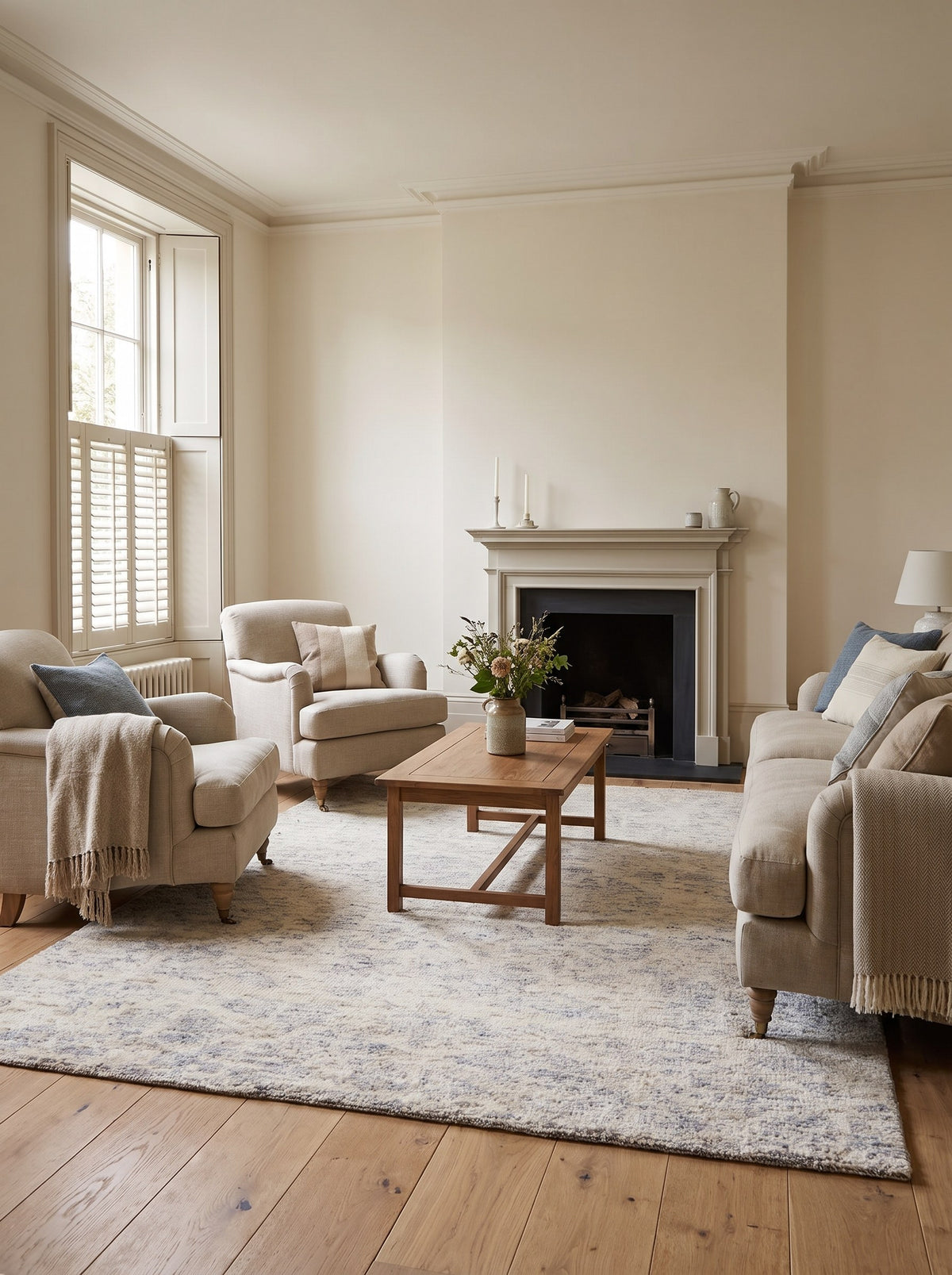Woll-Viskose-Teppich Creme & Blaugrau - Ricordo mitten im Wohnzimmer eines renovierten Stadthauses, auf breiten Eichendielen