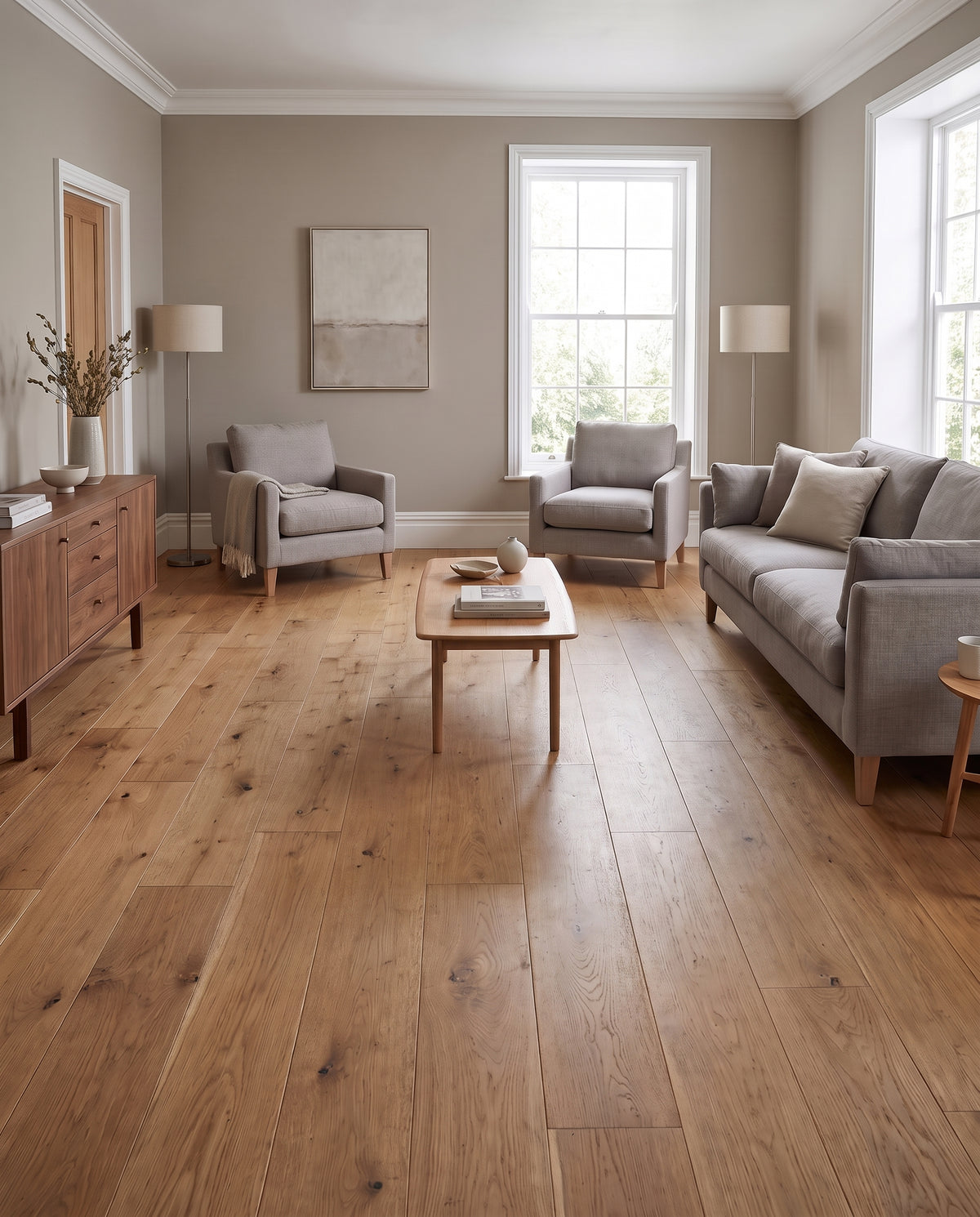 Salon lumineux au parquet clair sans tapis, doté d'un canapé gris, de fauteuils clairs et d'un mobilier en bois