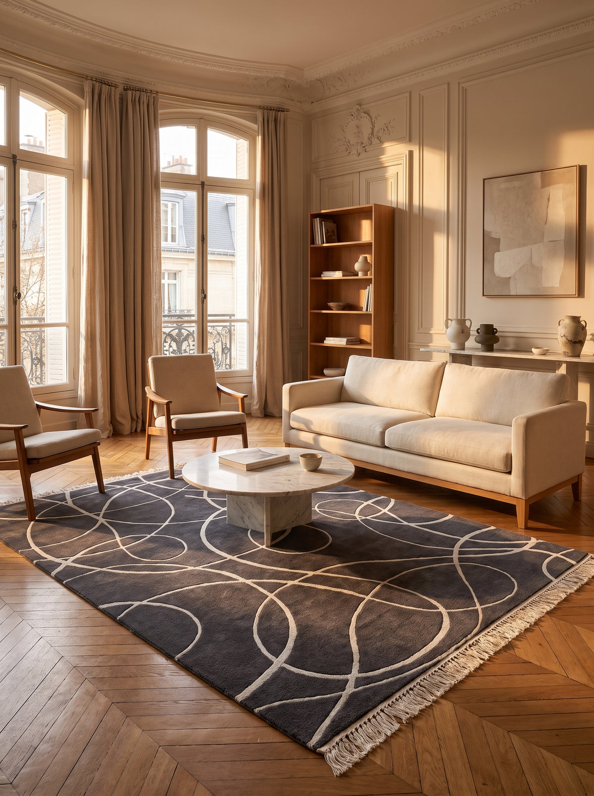 Un tapis gris anthracite en laine et viscose, avec courbes argentées sculptées en relief et franges claires, dans un salon