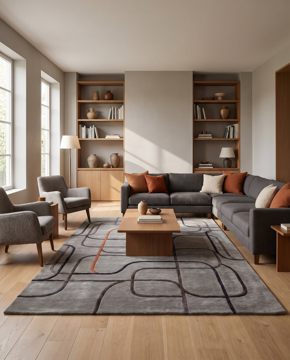 Motif de pistes arrondies anthracite et cuivre en relief sur un tapis gris en laine et viscose, dans un salon lumineux