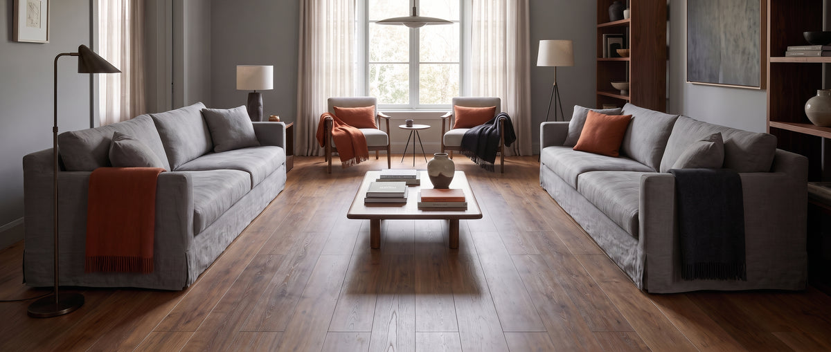 Un grand salon moderne avec canapés gris, fauteuils, table basse et bibliothèque, la pièce est sans tapis