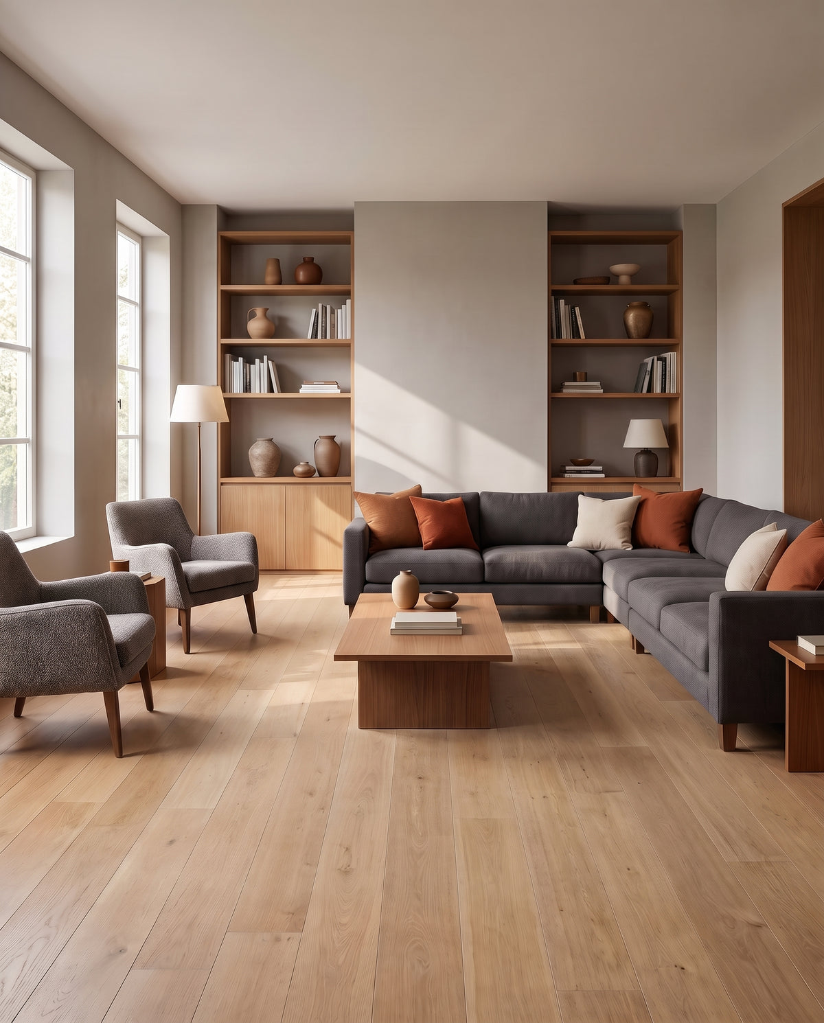Salon spacieux et moderne avec sol nu en bois, canapé d'angle gris, fauteuils et bibliothèque en bois