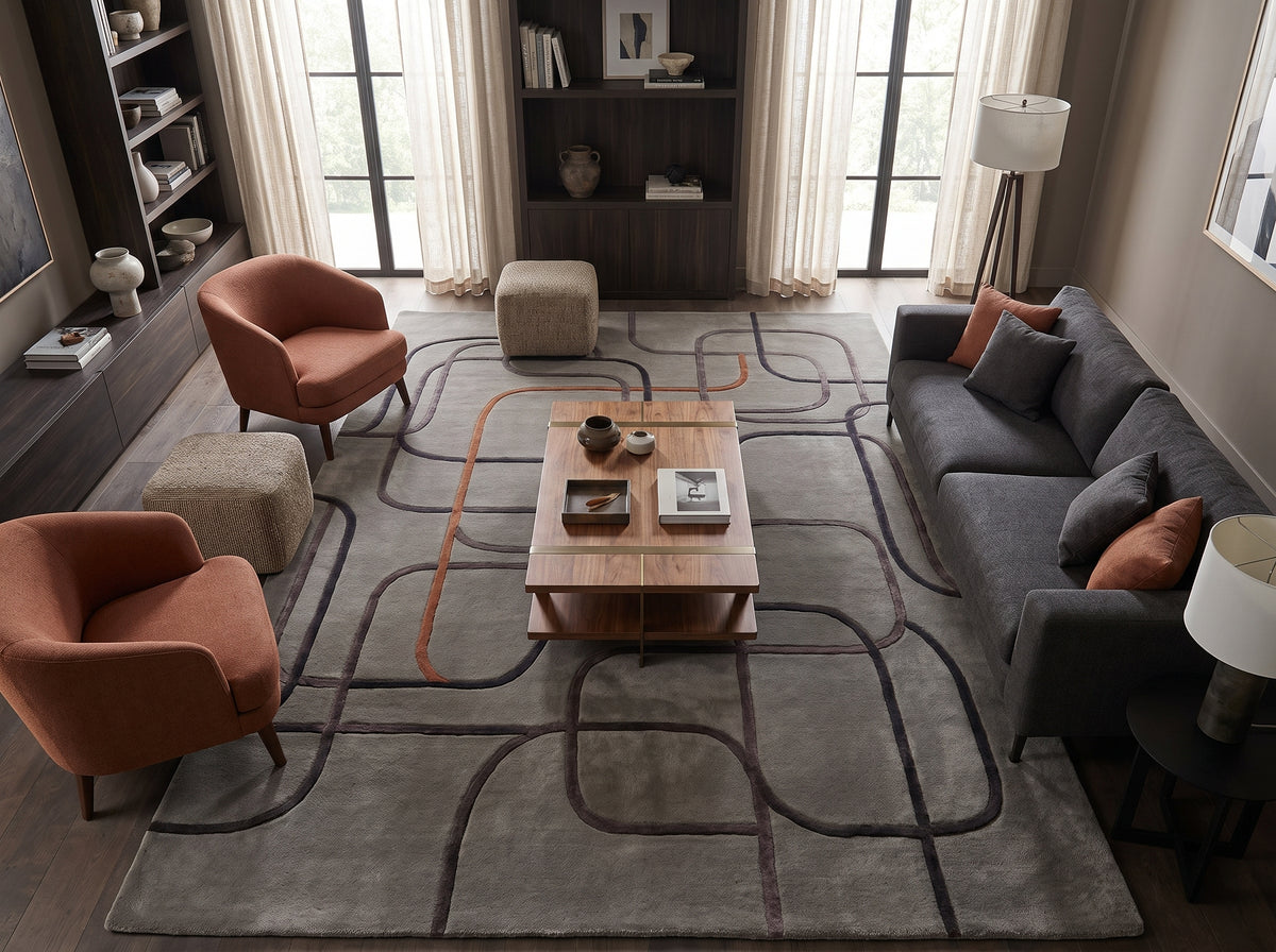 Pistes arrondies anthracite, taupe et cuivre en relief sur ce tapis greige laine et viscose tufté main, en salon