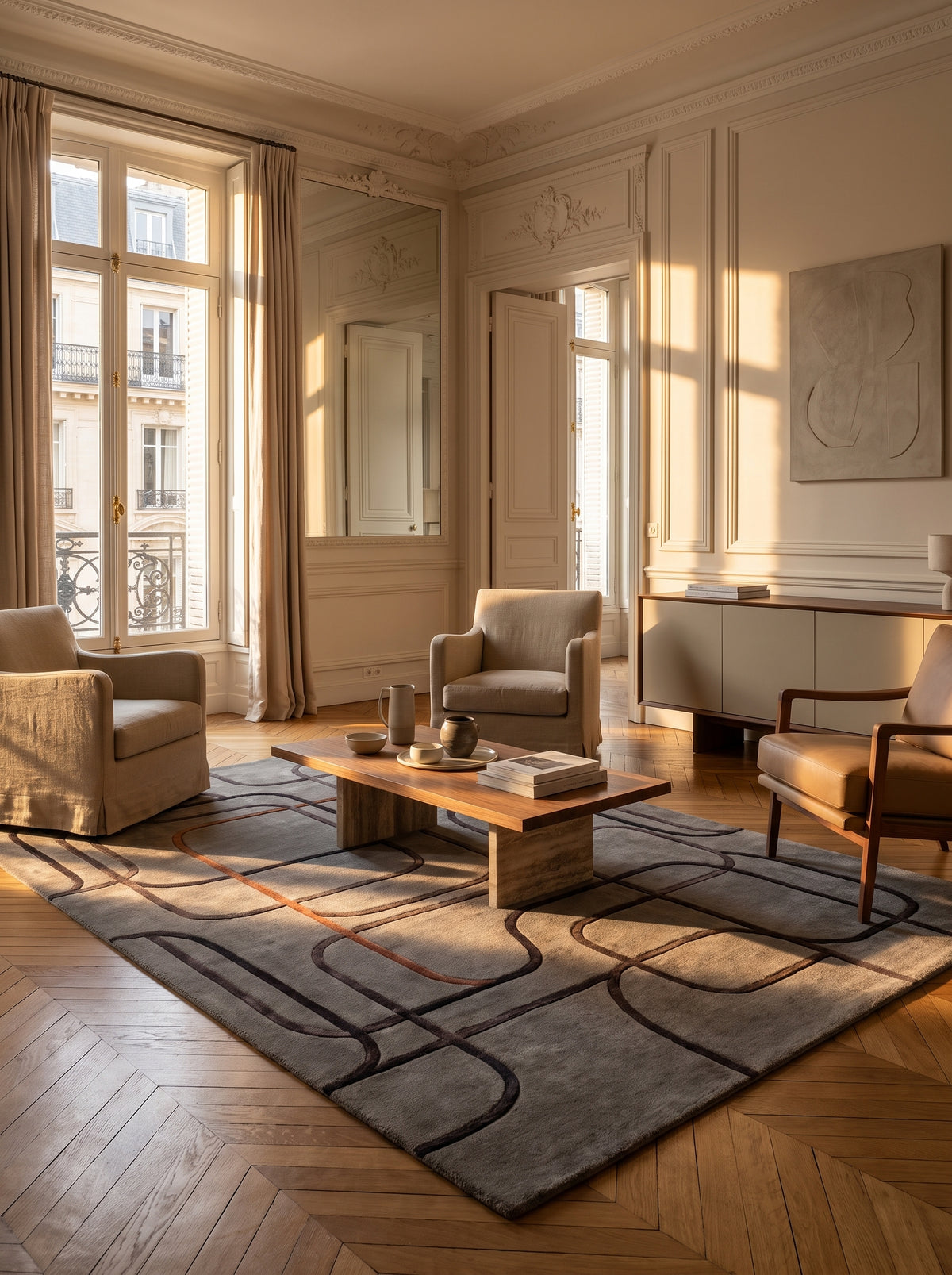 Tapis tufté main laine et viscose gris, avec des pistes arrondies anthracite et cuivre en relief, dans un salon haussmannien