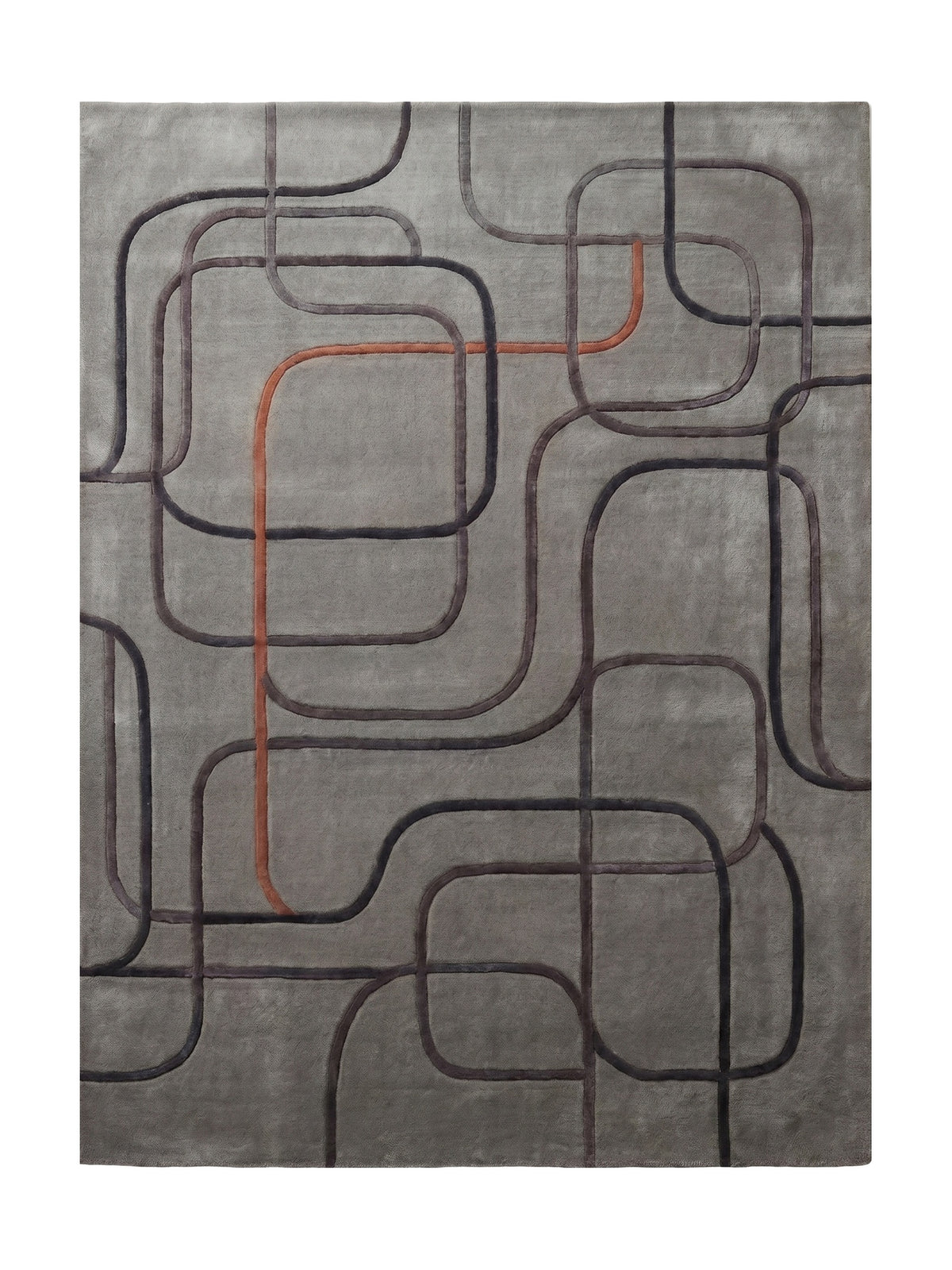 Un tapis rectangulaire greige en laine et viscose aux pistes anthracite, taupe et cuivre en relief