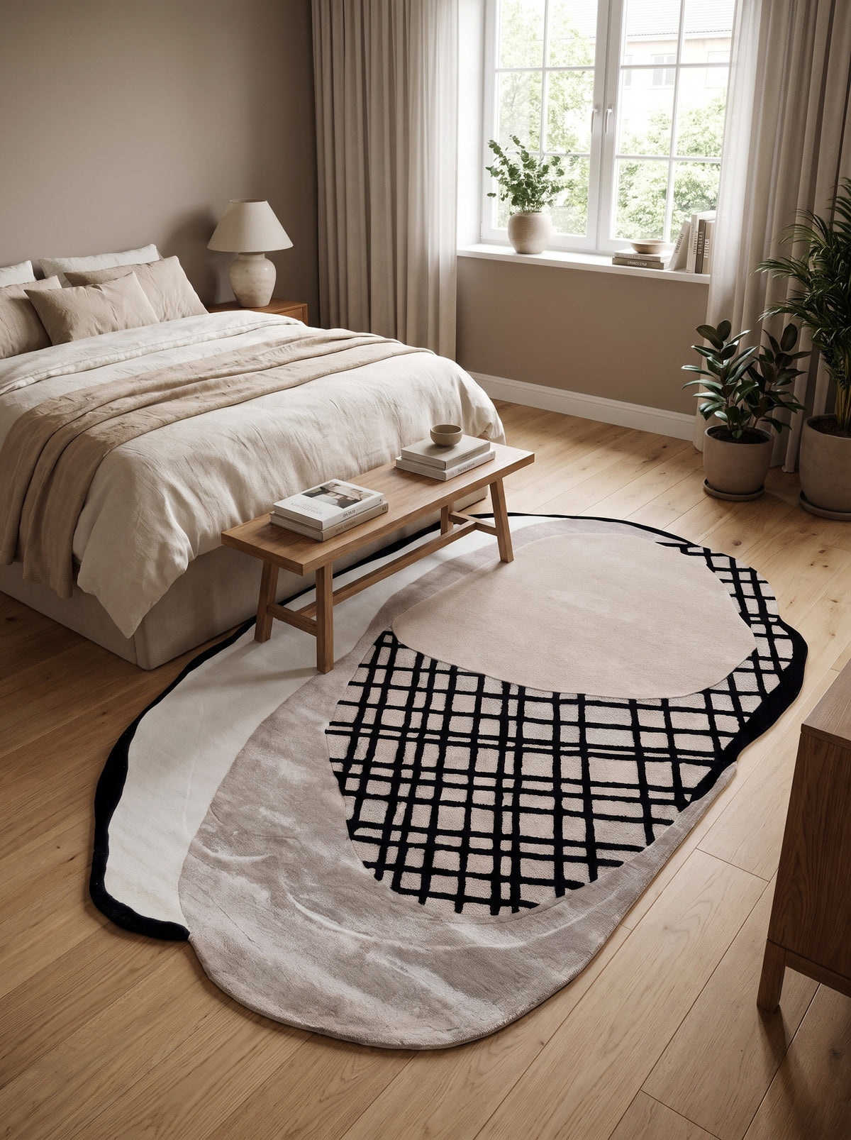 Mêlant le velours rasé gris et taupe à des bouclettes noires, ce tapis organique fait main habille le sol d'une chambre