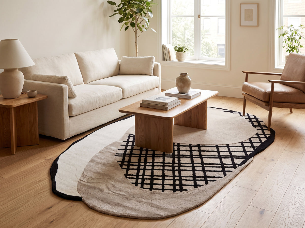 De forme organique, ce tapis laine et viscose gris et taupe associe velours rasé et grille de bouclettes noires en salon