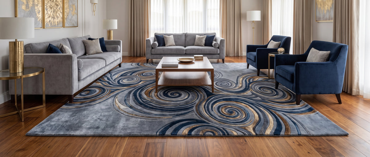 Spirales concentriques bleu marine, grises et or sculptées en relief sur tapis laine et viscose gris perle, en salon