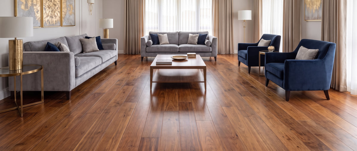 Un salon élégant sans tapis, avec un parquet brun, des canapés gris et des fauteuils bleus autour d'une table basse