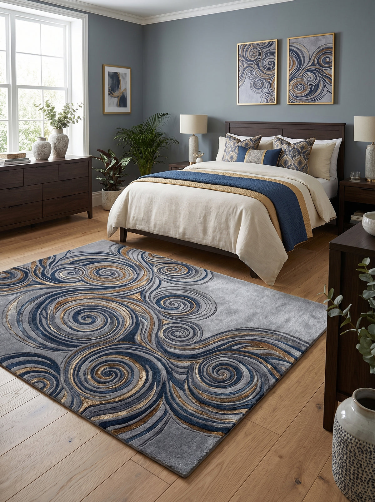 Spirales sculptées bleues, grises et or en relief sur tapis laine et viscose gris perle dans une chambre