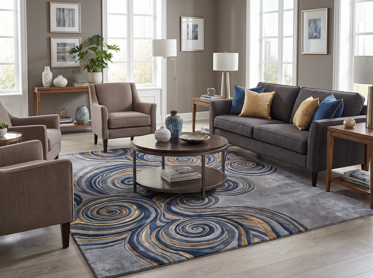 Spirales entrelacées bleu marine, gris acier et or, en relief sculpté sur un tapis laine et viscose gris perle en salon