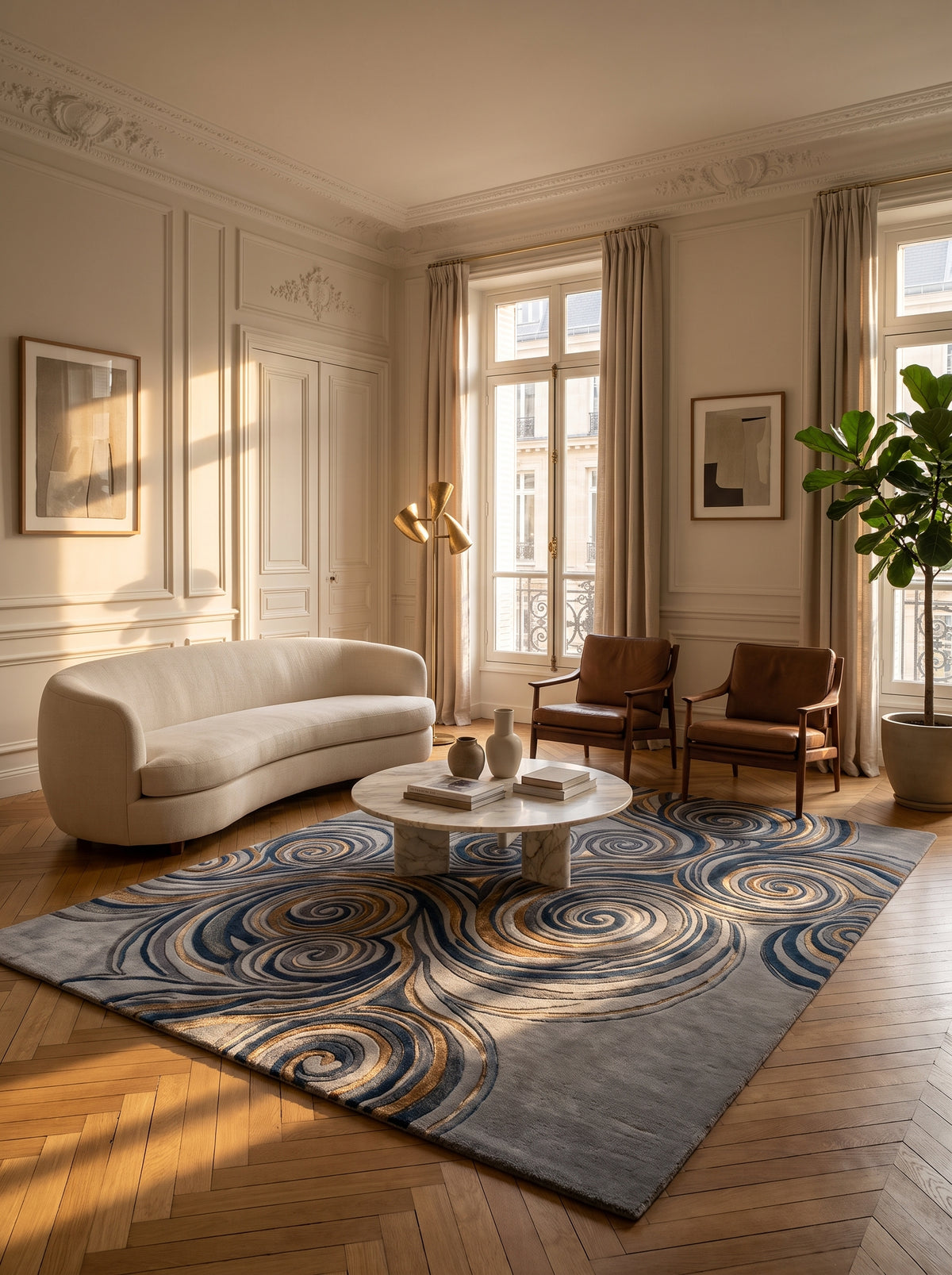Tapis laine et viscose aux spirales bleues, grises et or, au relief sculpté et épais sur fond gris perle, dans un salon
