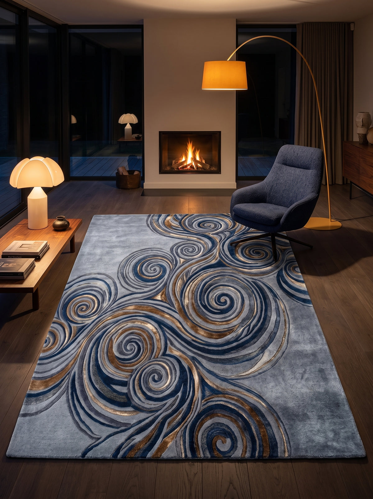 Laine et viscose gris perle à spirales bleues, grises et or au relief sculpté, dans un salon de nuit