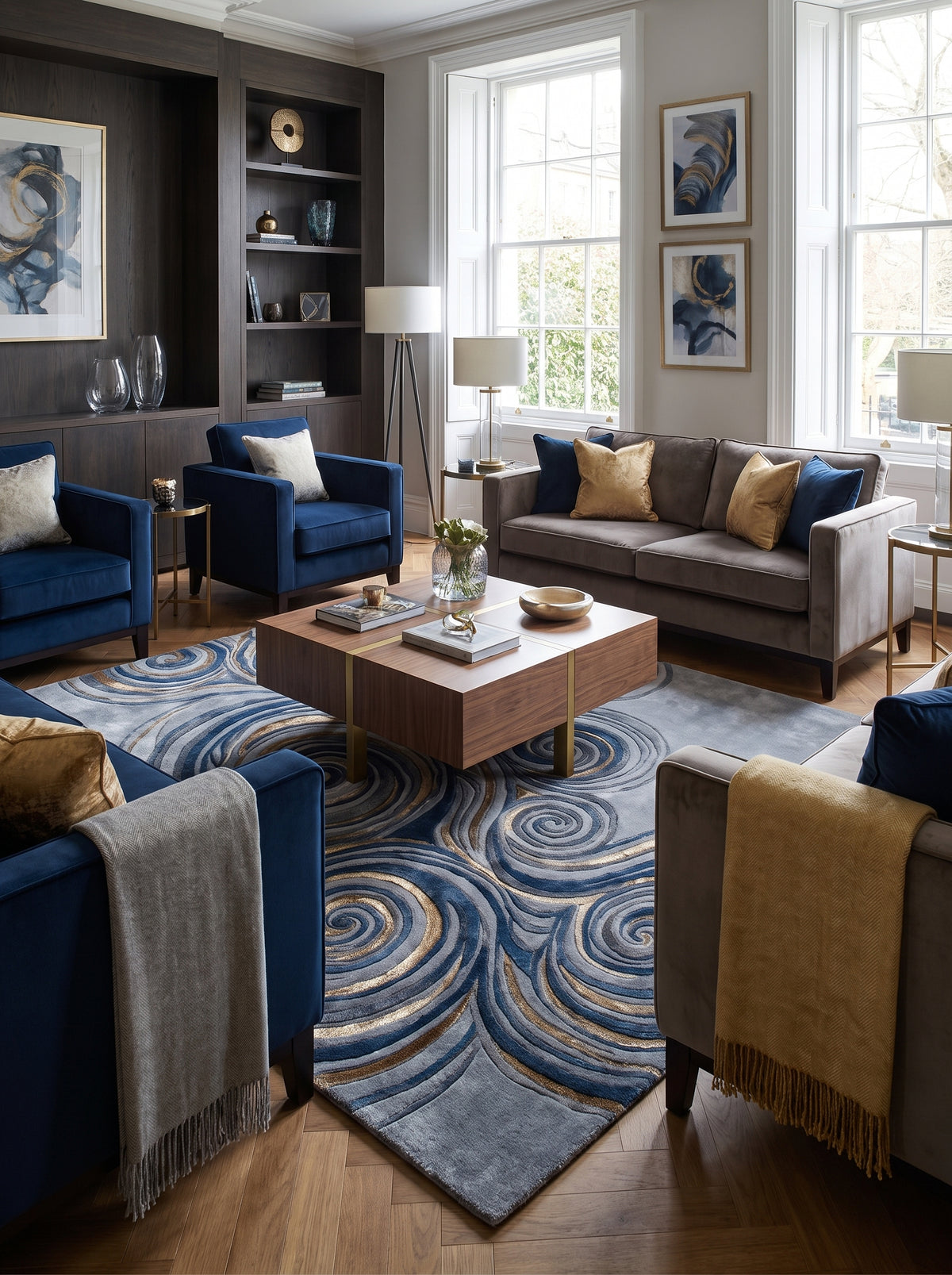 Le motif de spirales bleues, grises et or en relief sculpté sur ce tapis laine et viscose gris perle, dans un salon