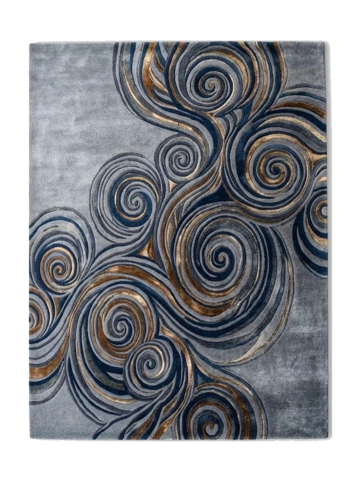 Spirales organiques bleu marine, gris et or, sculptées en relief sur un tapis en laine et viscose gris perle