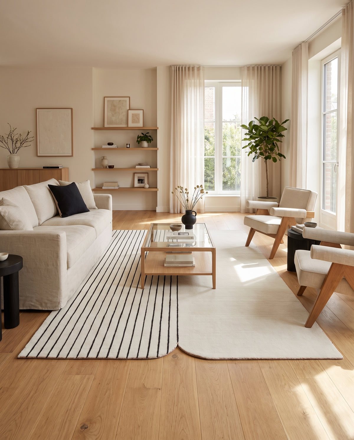 La juxtaposition de rayures noires et d'un pan ivoire caractérise ce tapis laine et viscose aux courbes douces dans un salon