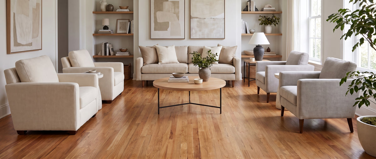 Un salon contemporain au sol de parquet clair, meublé de tons neutres et d'étagères décorées, présenté sans tapis
