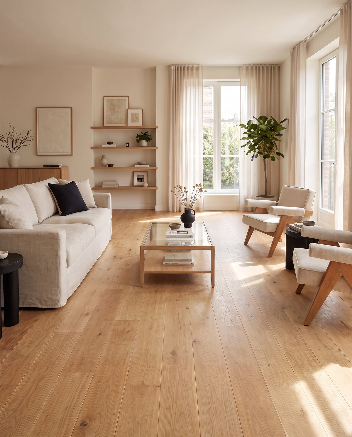 Parquet de bois clair dans un salon lumineux, meublé de tons neutres et d'étagères décorées, sans tapis