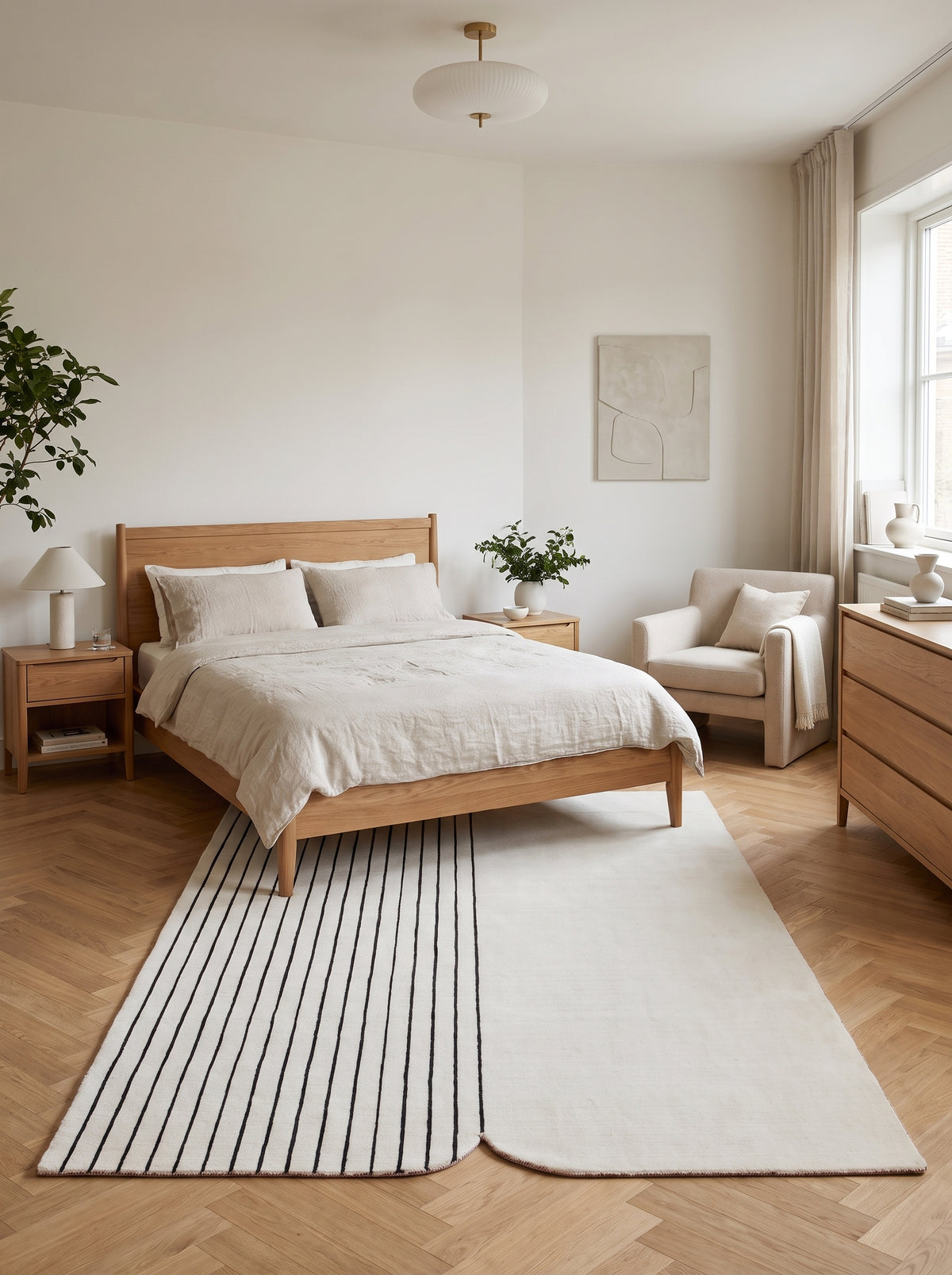 Wool and viscose for this two-tone ivory and black rug, with graphic stripes and soft angles, in a bedroom