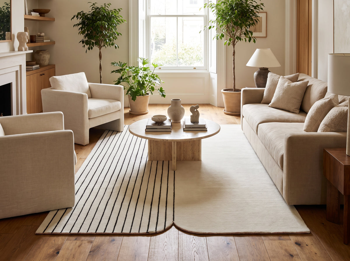 Alternant rayures noires et pan ivoire uni, ce tapis laine et viscose aux bords arrondis ancre un salon lumineux