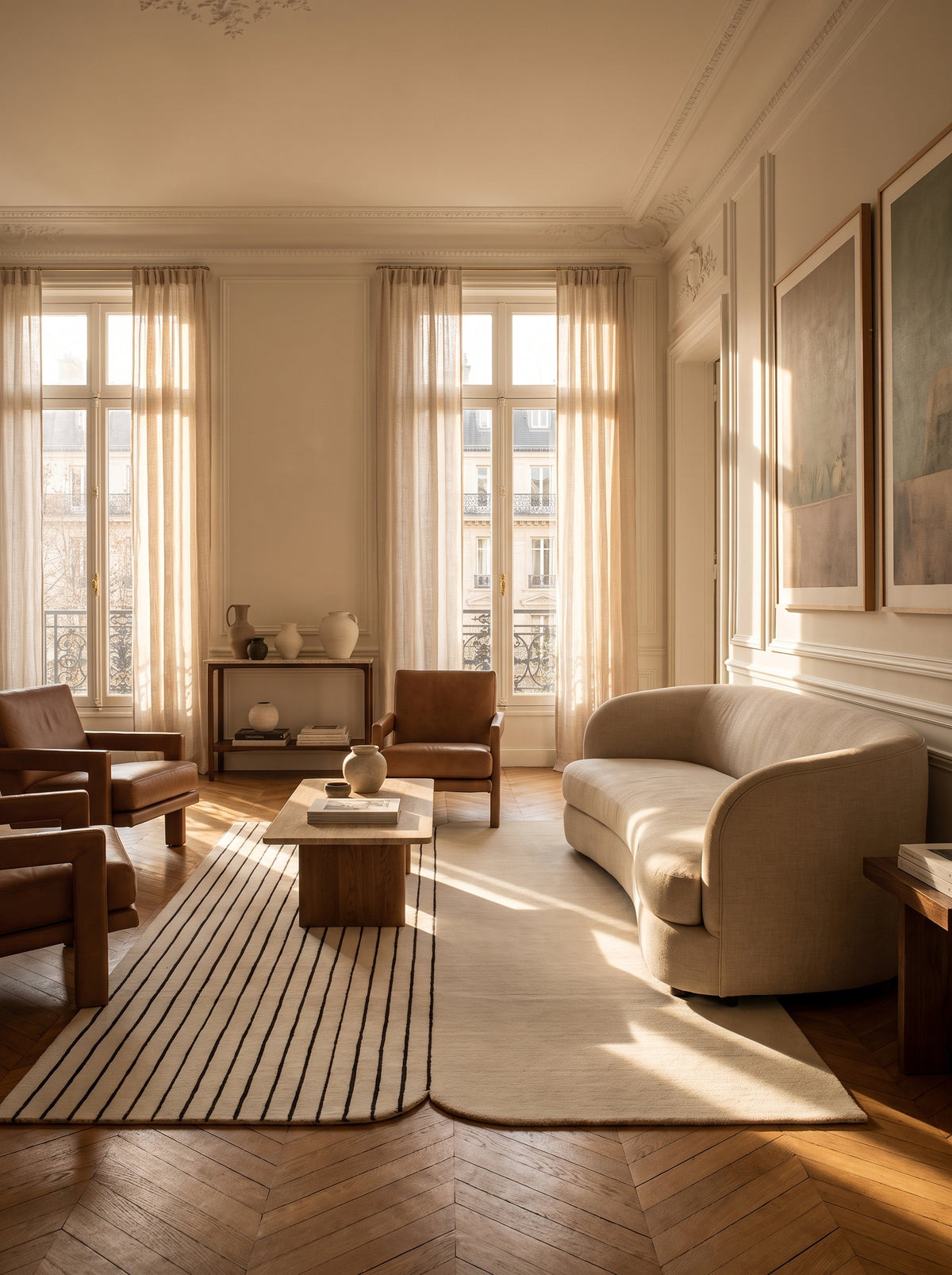 Ivory and black wool and viscose rug with textured stripes and rounded angles in a Parisian living room